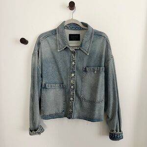 All Saints Women's Distressed Oversized Light Blue Denim Jean Shirt Jacket